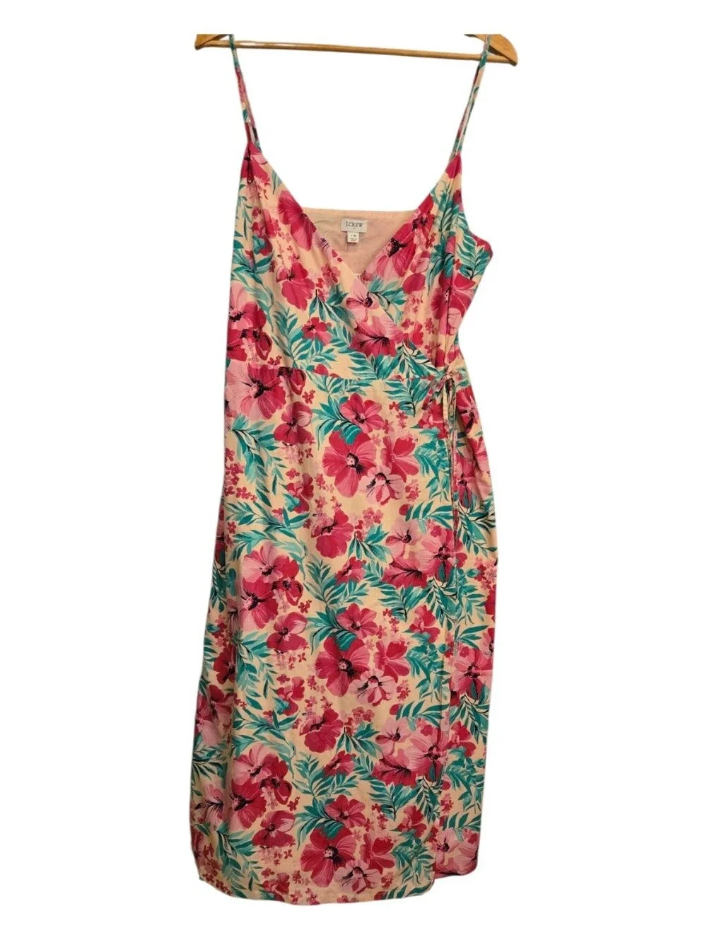 J. Crew Pink Floral Midi Wrap Dress Green Leaves Tropical Classic Size 14 NWT